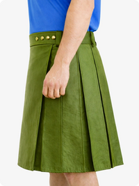 Olive Green pleated skirt with gold buttons worn by a person on a white background