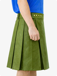 Olive Green pleated skirt worn by a person on a white background