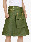 Olive Green leather skirt with gold hardware on a white background