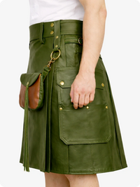 Olive Green leather kilt with gold buttons on a white background