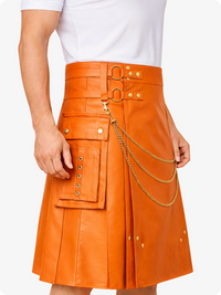Orange Leather Utility Kilt with Chain Detailing & Adjustable Straps