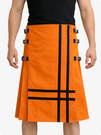 Orange kilt with black accents worn by a person on a white background