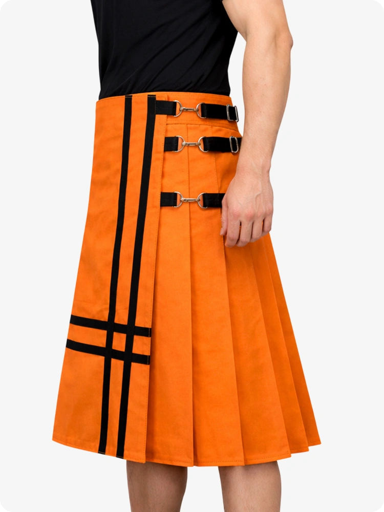 Orange skirt with black straps and buckles on a white background
