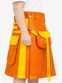 Orange and yellow skirt with multiple pockets on a white background