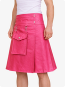 Pink skirt with silver zippers and buttons on a white background