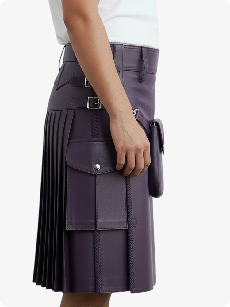 Purple Leather Pleated Kilt with Belt Loops & Side Straps
