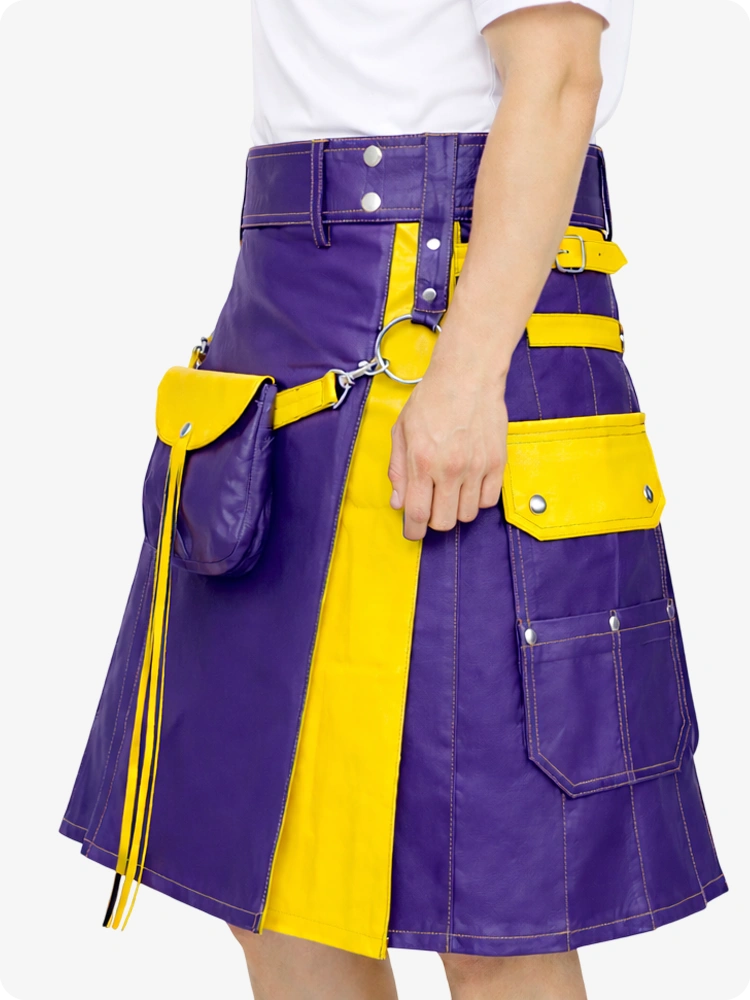 Purple Leather Utility Kilt with Yellow Accents & Detachable Pockets