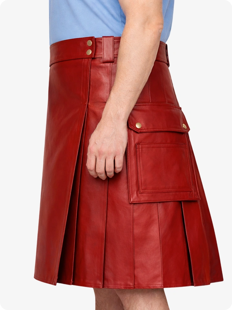 Red Genuine Leather Utility Kilt with Side Pockets