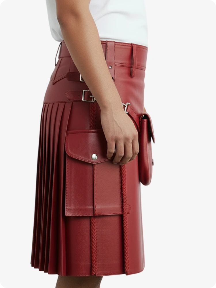 Red Leather Pleated Kilt with Belt Loops & Side Straps