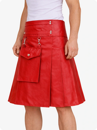 Red leather skirt with silver hardware on a white background