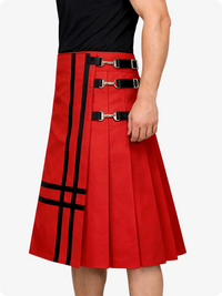 Red skirt with black stripes and buckles on a white background