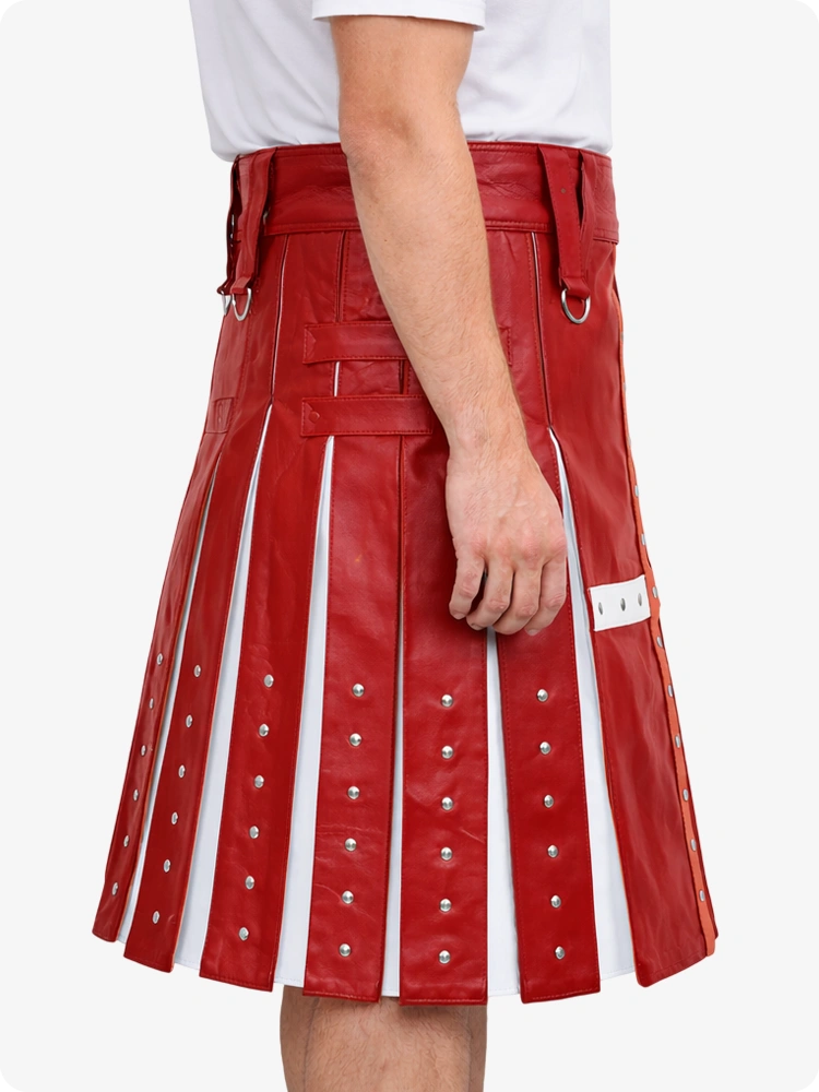 Red Leather Utility Kilt with White Cross Panel & Metal Rivet Detailing