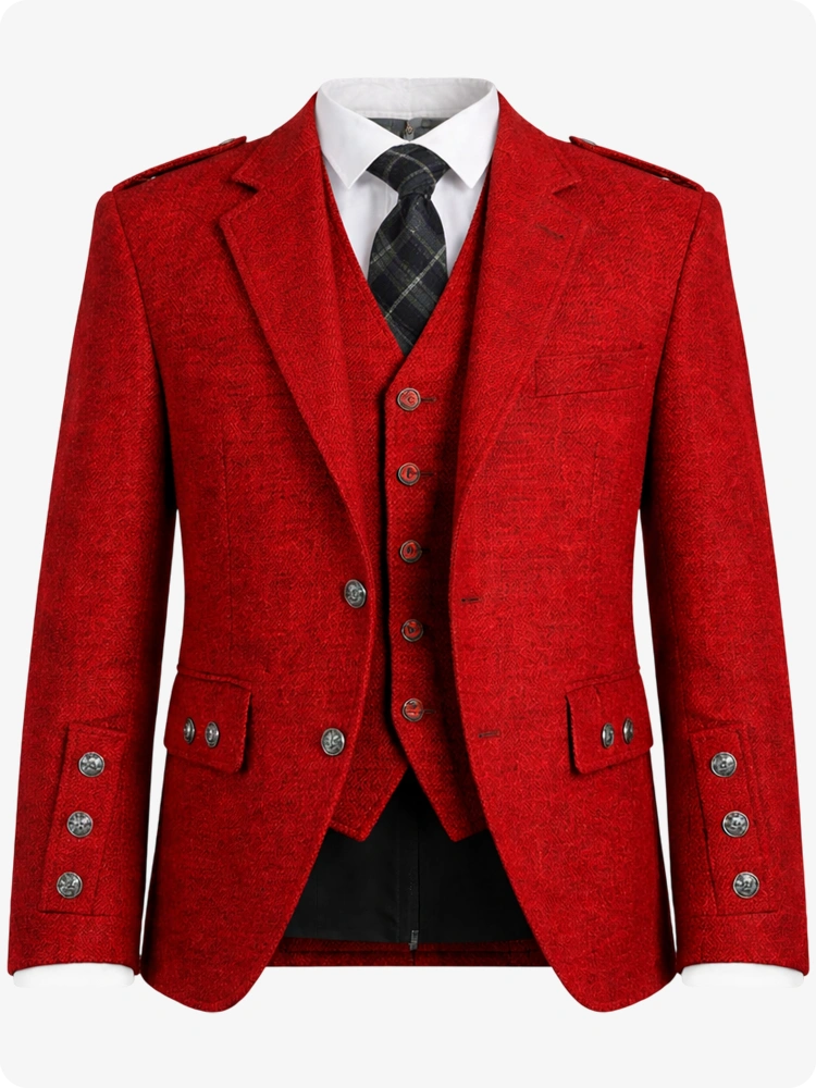 Red jacket with a plaid tie on a white background