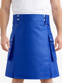Royal Blue Genuine Leather Utility Kilt with Cargo Pockets & D-Rings