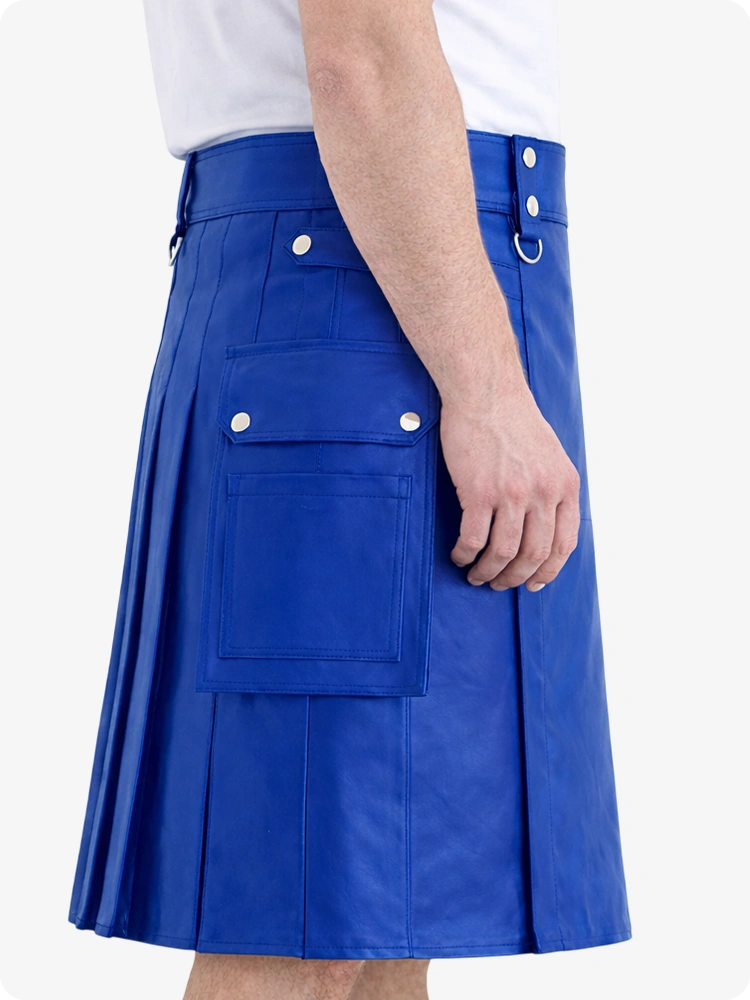 Royal Blue Genuine Leather Utility Kilt with Cargo Pockets & D-Rings