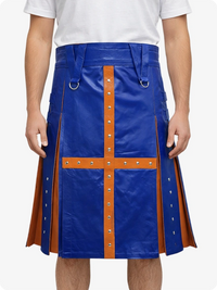 Royal Blue kilt with Brown accents worn by a person on a white background