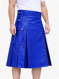 Royal Blue leather skirt worn by a person on a white background