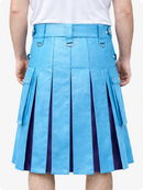 Person wearing a Sky blue pleated kilt on a white background