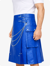 Standard Blue pleated skirt with silver chain detail on a white background