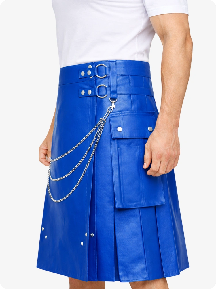 Standard Blue pleated skirt with silver chain detail on a white background