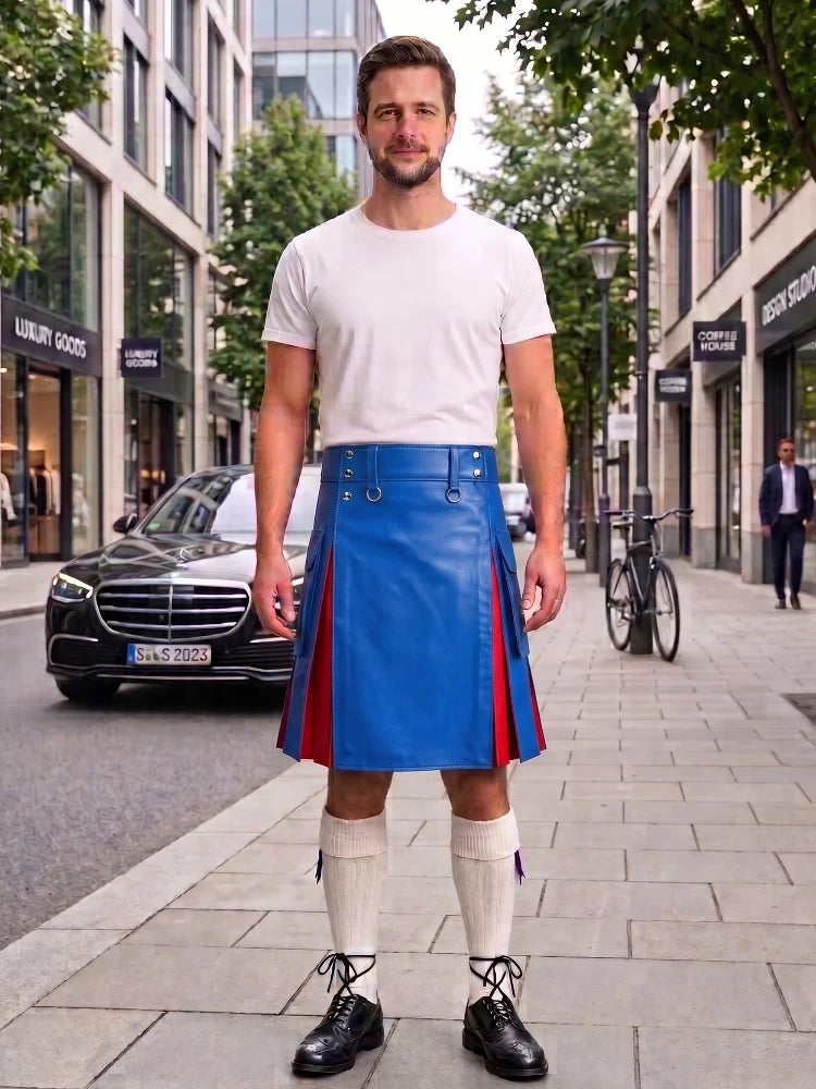 Standard Blue With Red Cowhide Leather Hybrid Utility Kilt