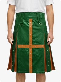 Standard Green kilt with brown accents worn by a person on a white background
