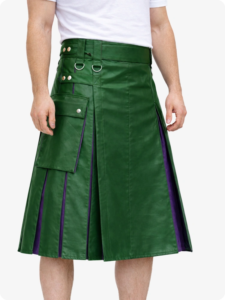 Standard Green Leather Utility Kilt with Purple Pleats, Side Pockets & D-Ring Hardware
