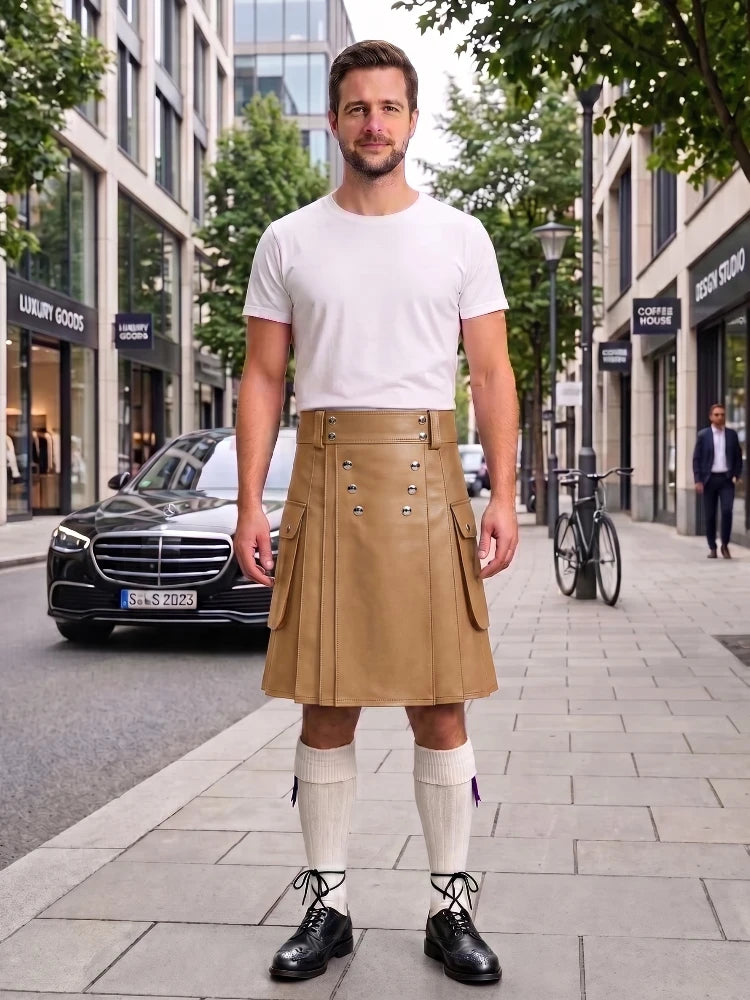 Tan Cow Leather Utility Kilts for Men