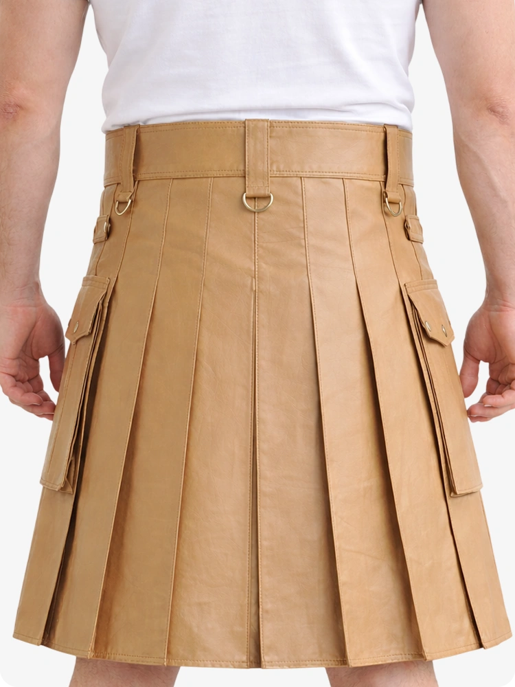 Tan Genuine Leather Utility Kilt with Cargo Pockets & D-Rings