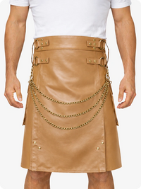 Tan Leather Utility Kilt with Chain Detailing & Adjustable Straps