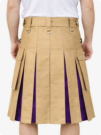Tan kilt with purple lining worn by a person on a white background