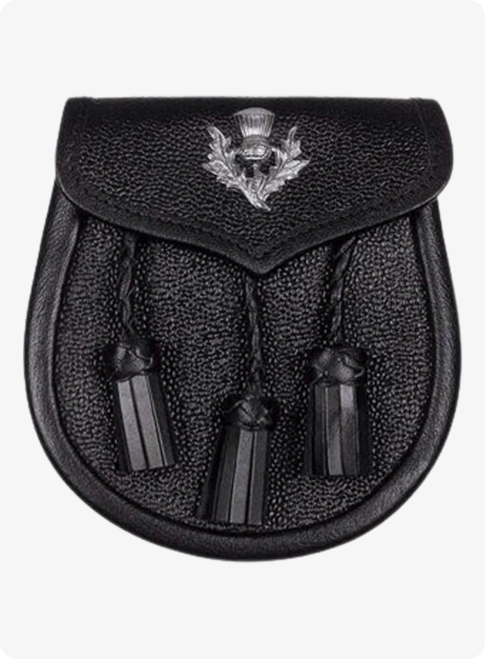 Custom Made Thistle Emblem Black Leather Sporran