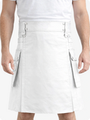 White Genuine Leather Utility Kilt with Cargo Pockets & D-Rings