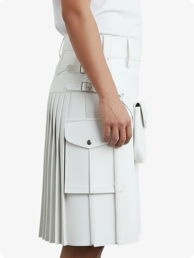 White Leather Pleated Kilt with Belt Loops & Side Straps