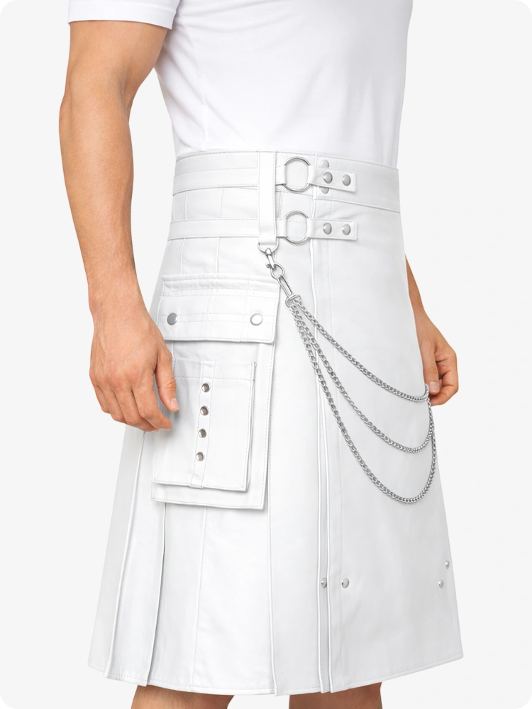 White Leather Utility Kilt with Chain Detailing & Adjustable Straps