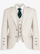 White suit with a green plaid tie on a white background