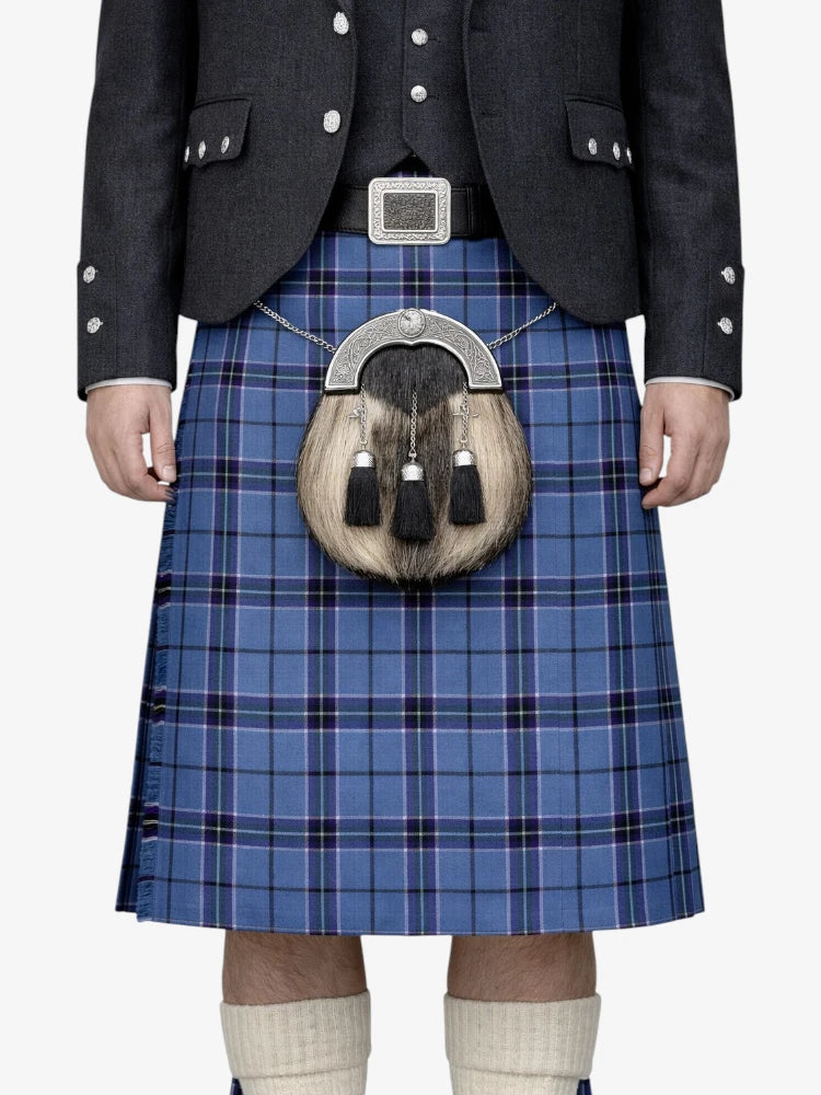 Person wearing a blue plaid kilt with a sporran on a white background